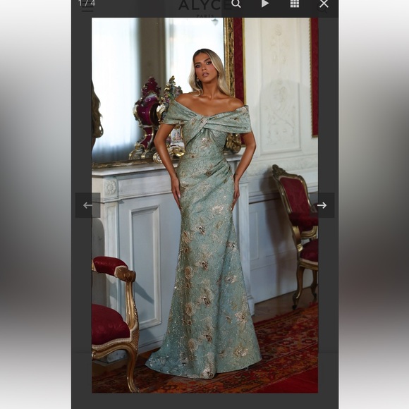 Alyce Paris Dresses & Skirts - Alyce Paris Off-Shoulder Blue and Gold Maxi Dress